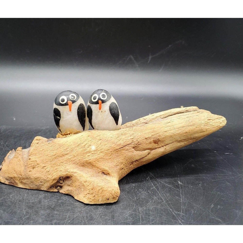 Handmade Whimsical Driftwood Folk Art Stone Penguin Bird Nautical Shorebird 7.5"